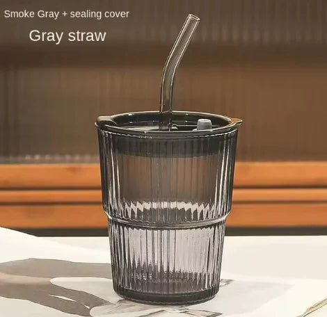 Transparent Stripe Glass Cup with Lid and Straw