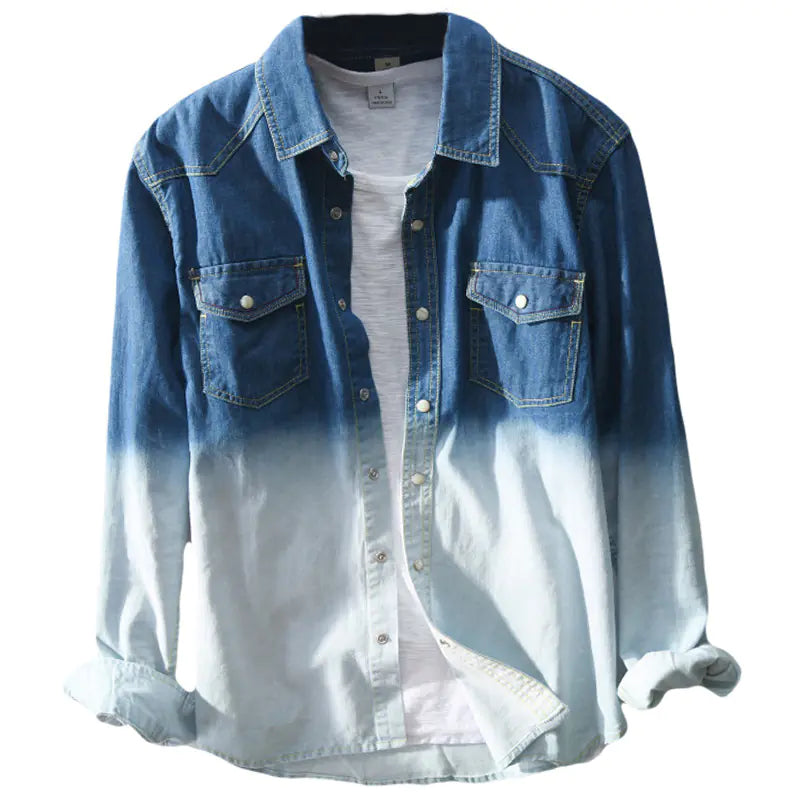 Men's Gradient Color Denim Shirt Jacket with Pockets - Kia Day Design