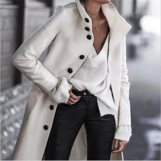 Winter Long Button Woolen Coat - Kia Day Design