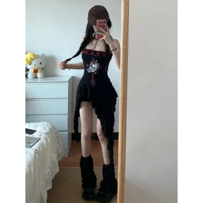 Strapless Irregular Hem Dress – Y2K Gothic Harajuku Punk Style - - Dresses