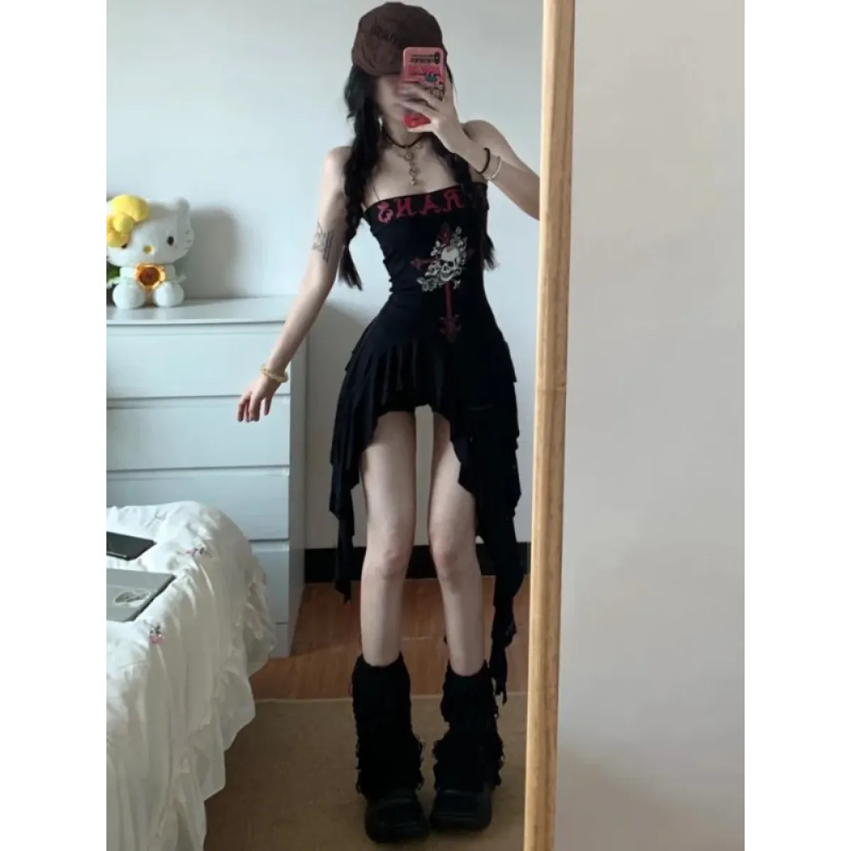 Strapless Irregular Hem Dress – Y2K Gothic Harajuku Punk Style - Black - Dresses