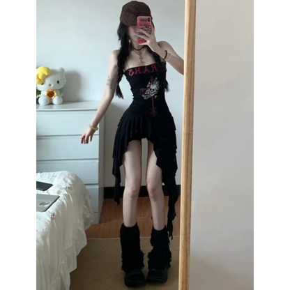 Strapless Irregular Hem Dress – Y2K Gothic Harajuku Punk Style - Black - Dresses