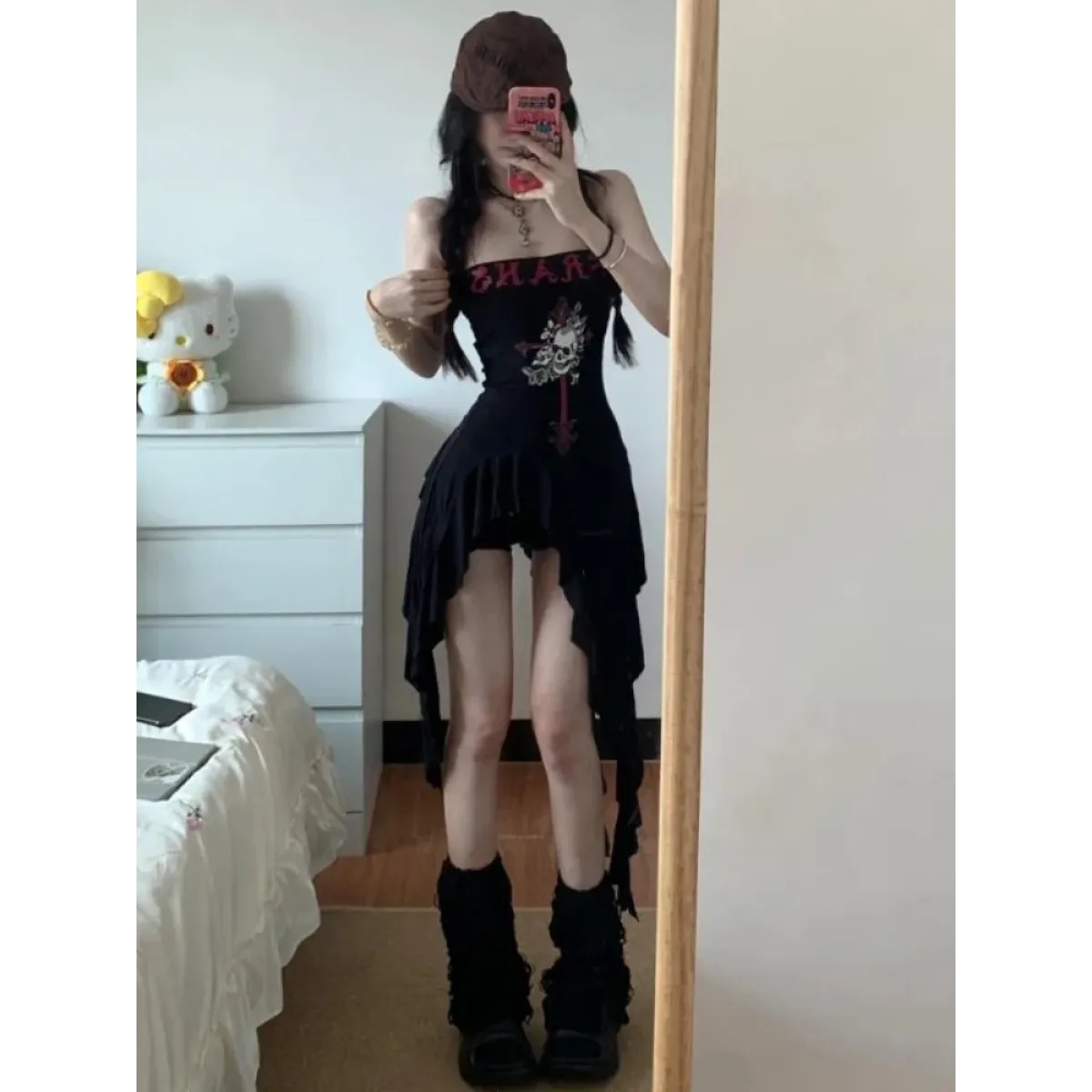 Strapless Irregular Hem Dress – Y2K Gothic Harajuku Punk Style - - Dresses