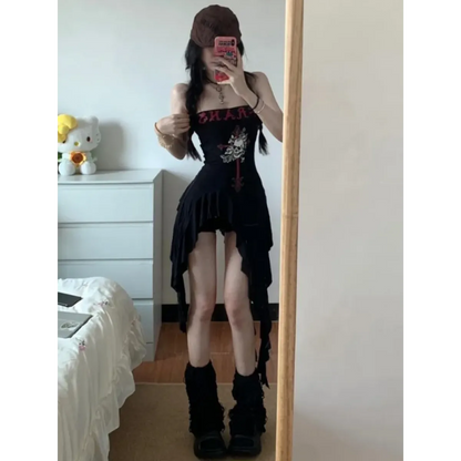 Strapless Irregular Hem Dress – Y2K Gothic Harajuku Punk Style - - Dresses