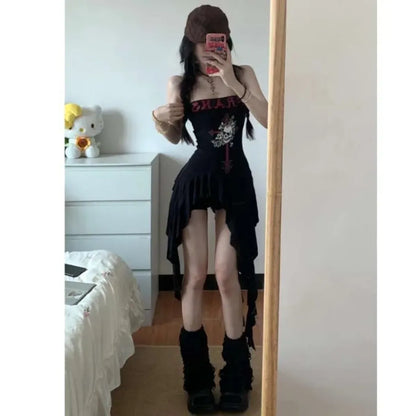 Strapless Irregular Hem Dress – Y2K Gothic Harajuku Punk Style - - Dresses