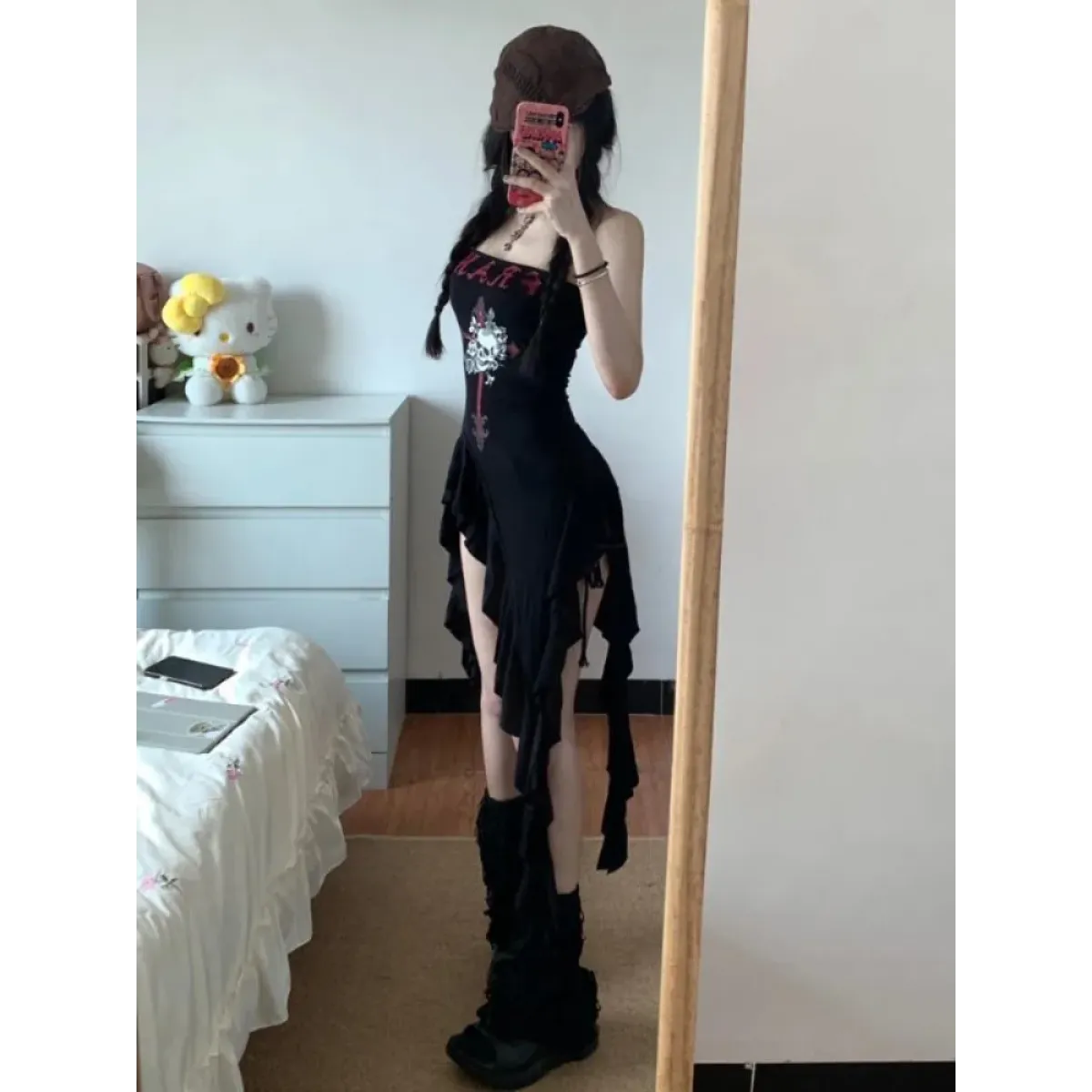 Strapless Irregular Hem Dress – Y2K Gothic Harajuku Punk Style - - Dresses
