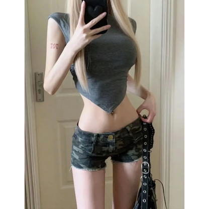 Y2K Grunge Camo Denim Shorts – Vintage Low Waist Bodycon Jeans - - Women's Shorts
