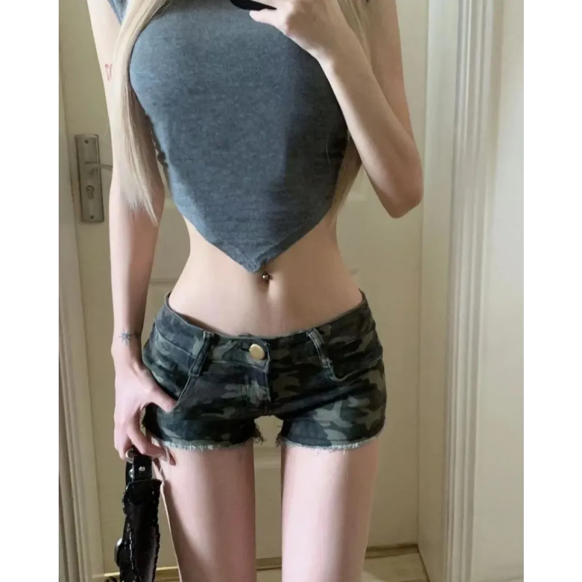 Y2K Grunge Camo Denim Shorts – Vintage Low Waist Bodycon Jeans - - Women's Shorts