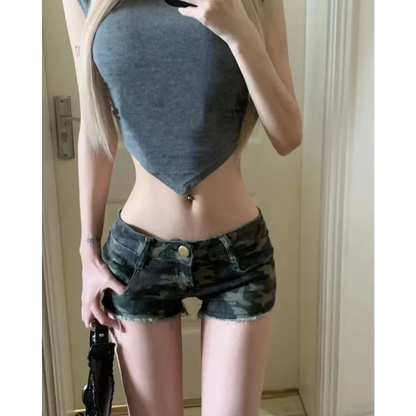 Y2K Grunge Camo Denim Shorts – Vintage Low Waist Bodycon Jeans - - Women's Shorts