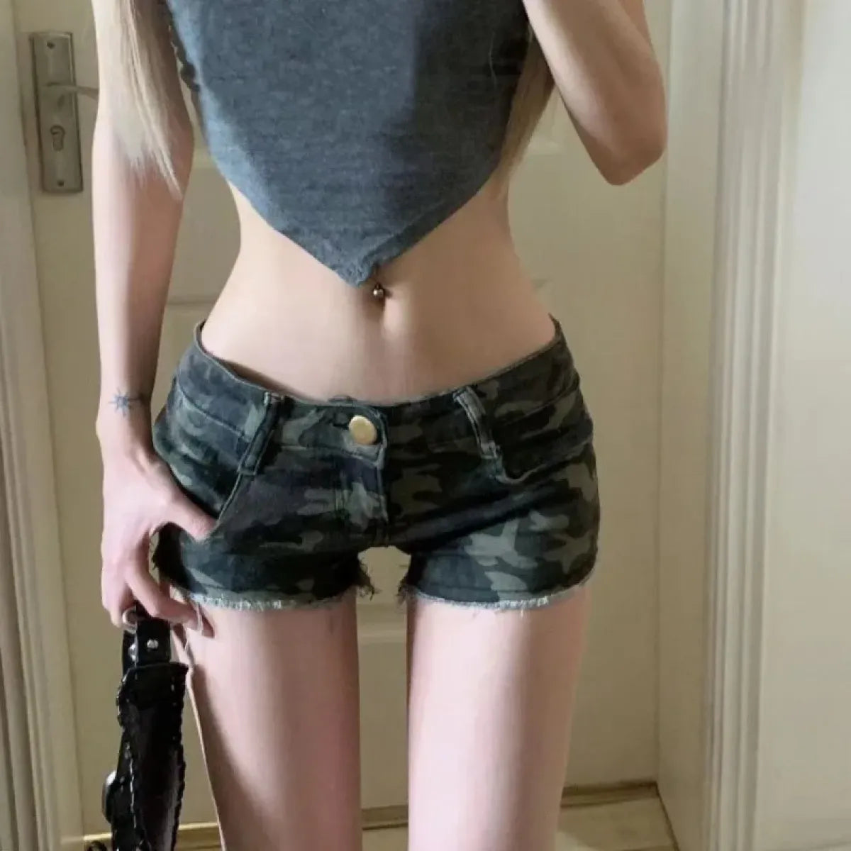 Y2K Grunge Camo Denim Shorts – Vintage Low Waist Bodycon Jeans - - Women's Shorts