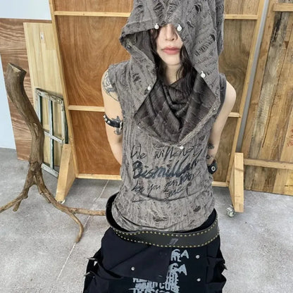 Distressed Hoodie Tank Top – Y2K Grunge Pearl Detail Tee - Gray - Tank Tops