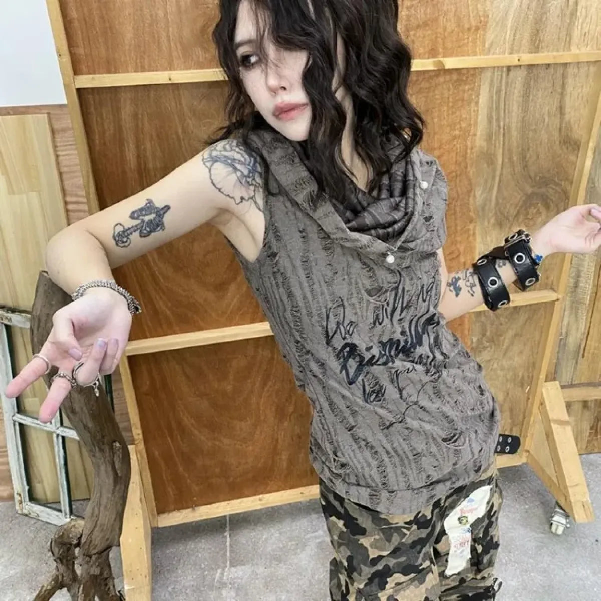 Distressed Hoodie Tank Top – Y2K Grunge Pearl Detail Tee - - Tank Tops