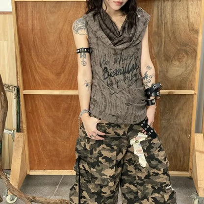 Distressed Hoodie Tank Top – Y2K Grunge Pearl Detail Tee - - Tank Tops