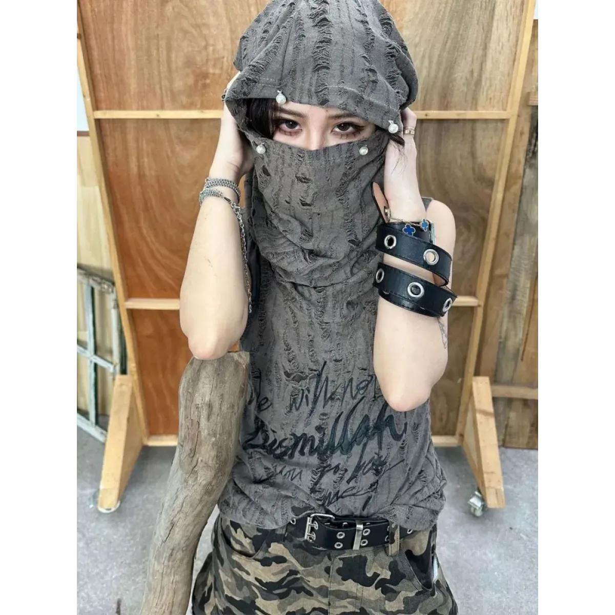 Distressed Hoodie Tank Top – Y2K Grunge Pearl Detail Tee - - Tank Tops