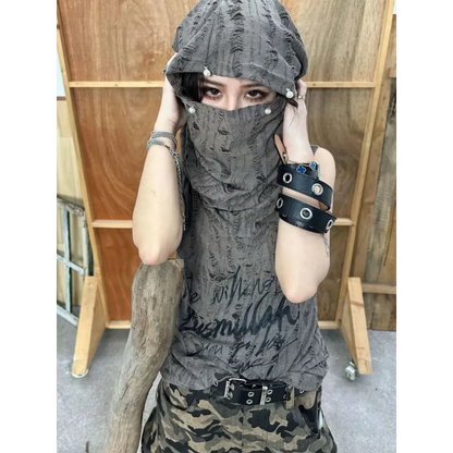 Distressed Hoodie Tank Top – Y2K Grunge Pearl Detail Tee - - Tank Tops