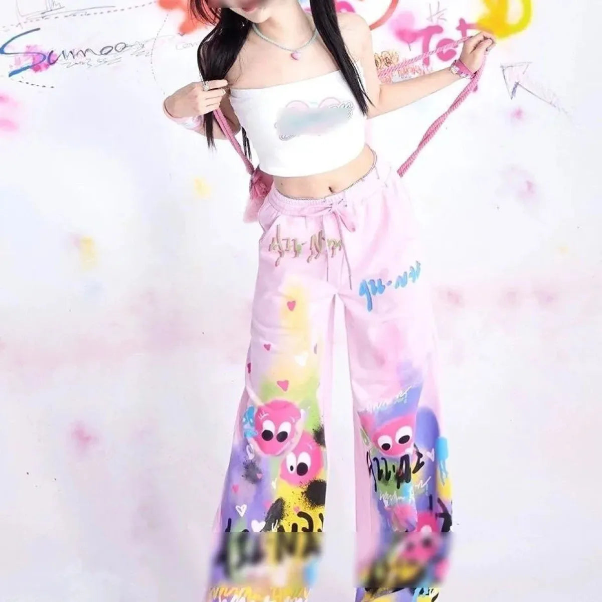 Graffiti Wide-Leg Pants – Y2K Harajuku Streetwear Aesthetic - - Women's Pants