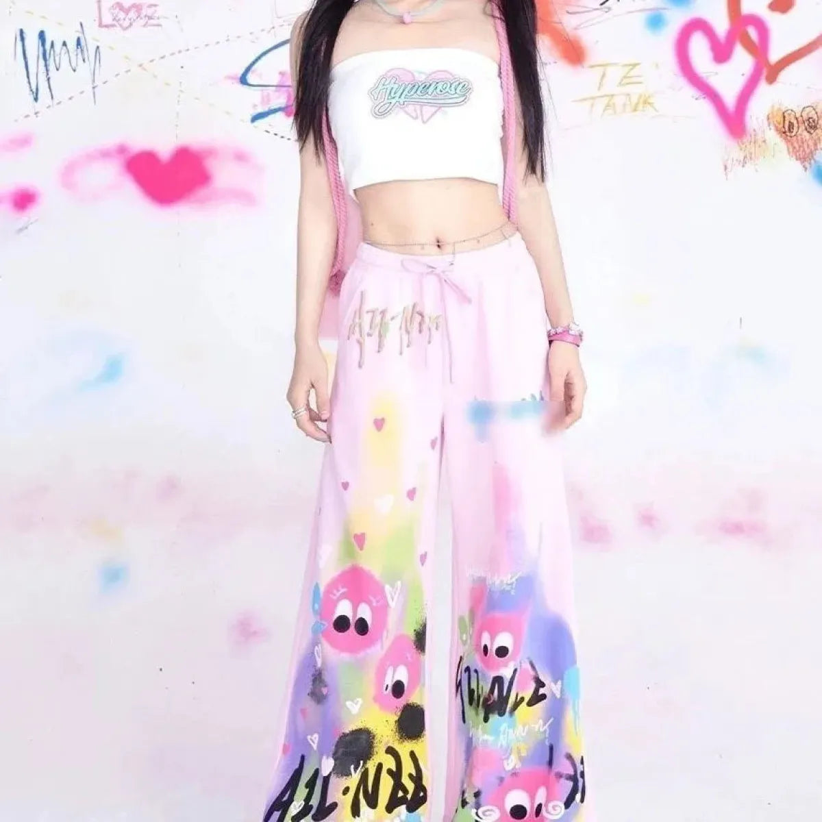 Graffiti Wide-Leg Pants – Y2K Harajuku Streetwear Aesthetic - - Women's Pants