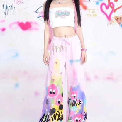 Graffiti Wide-Leg Pants – Y2K Harajuku Streetwear Aesthetic - - Women's Pants