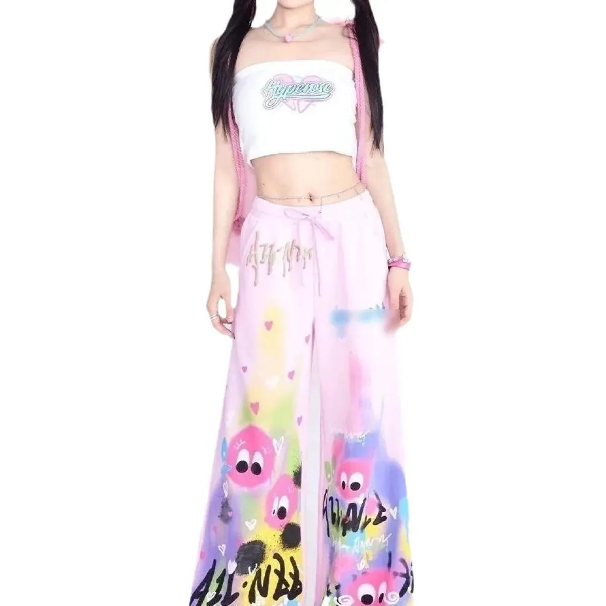 Graffiti Wide-Leg Pants – Y2K Harajuku Streetwear Aesthetic - - Women's Pants