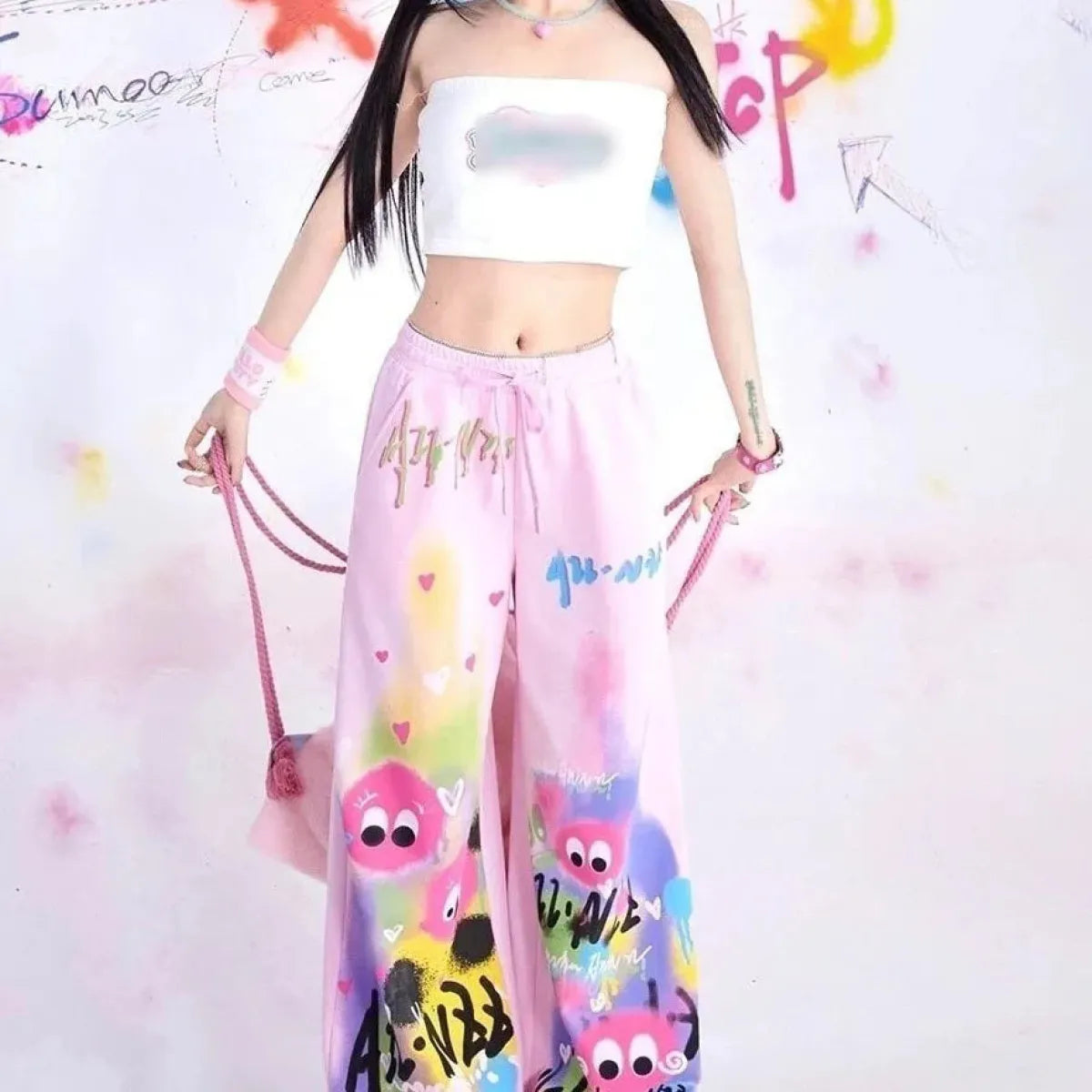 Graffiti Wide-Leg Pants – Y2K Harajuku Streetwear Aesthetic - - Women's Pants