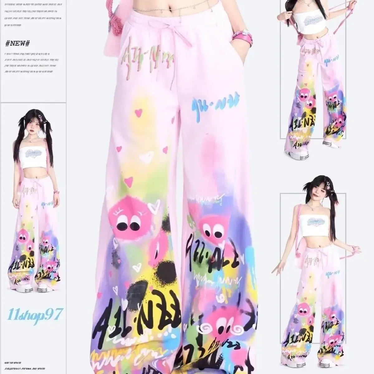 Graffiti Wide-Leg Pants – Y2K Harajuku Streetwear Aesthetic - Pink - Women's Pants