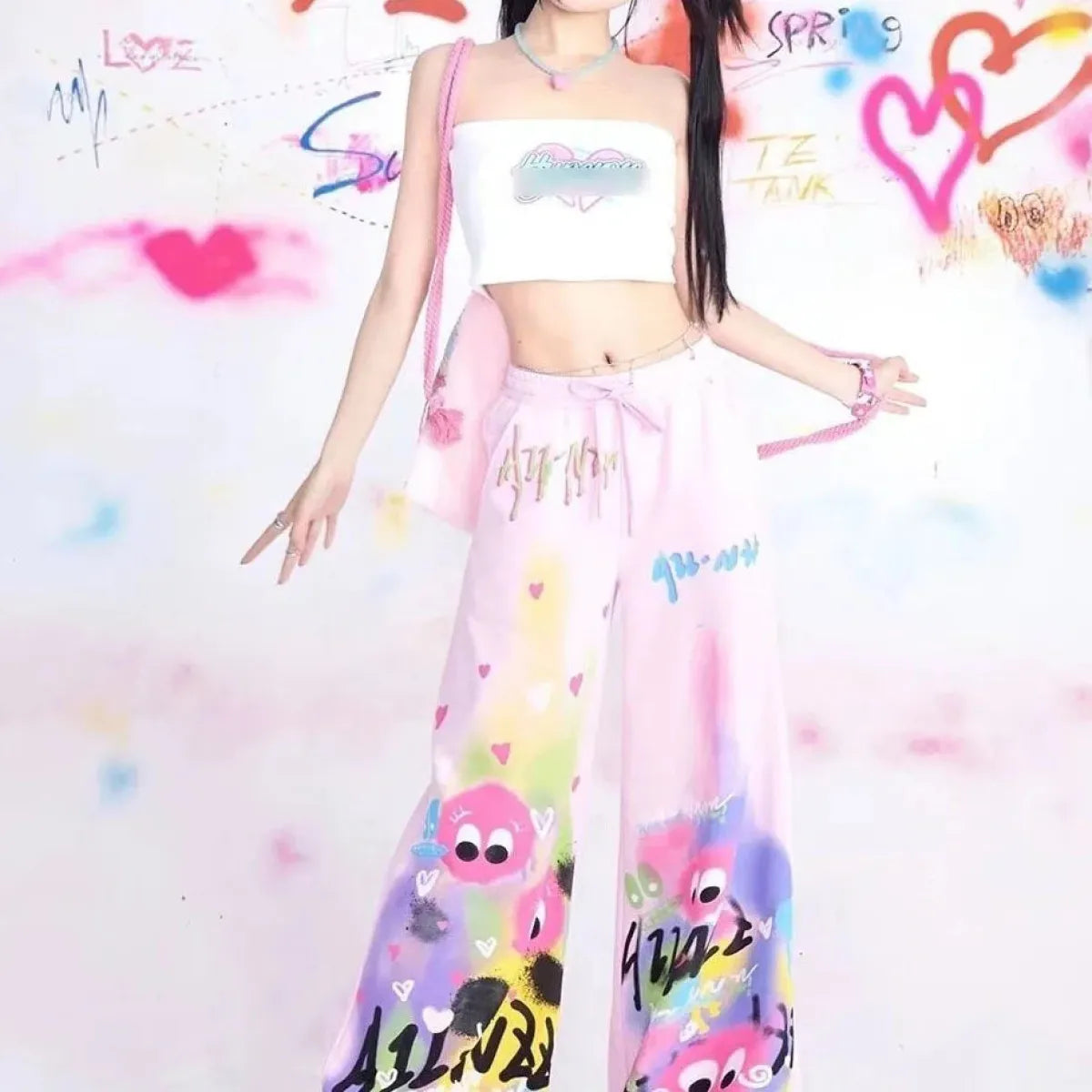 Graffiti Wide-Leg Pants – Y2K Harajuku Streetwear Aesthetic - - Women's Pants