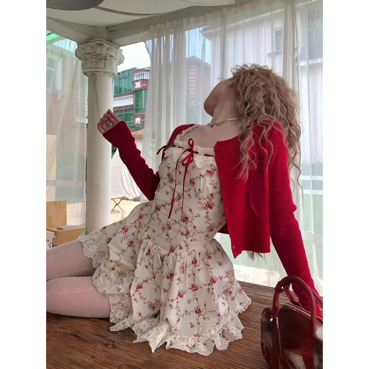 Sweet Lolita Floral Lace Mini Dress Set – Y2K Red Cardigan Suit - - Clothing Sets