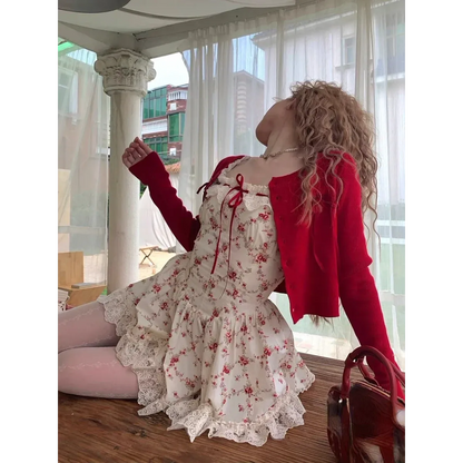 Sweet Lolita Floral Lace Mini Dress Set – Y2K Red Cardigan Suit - - Clothing Sets