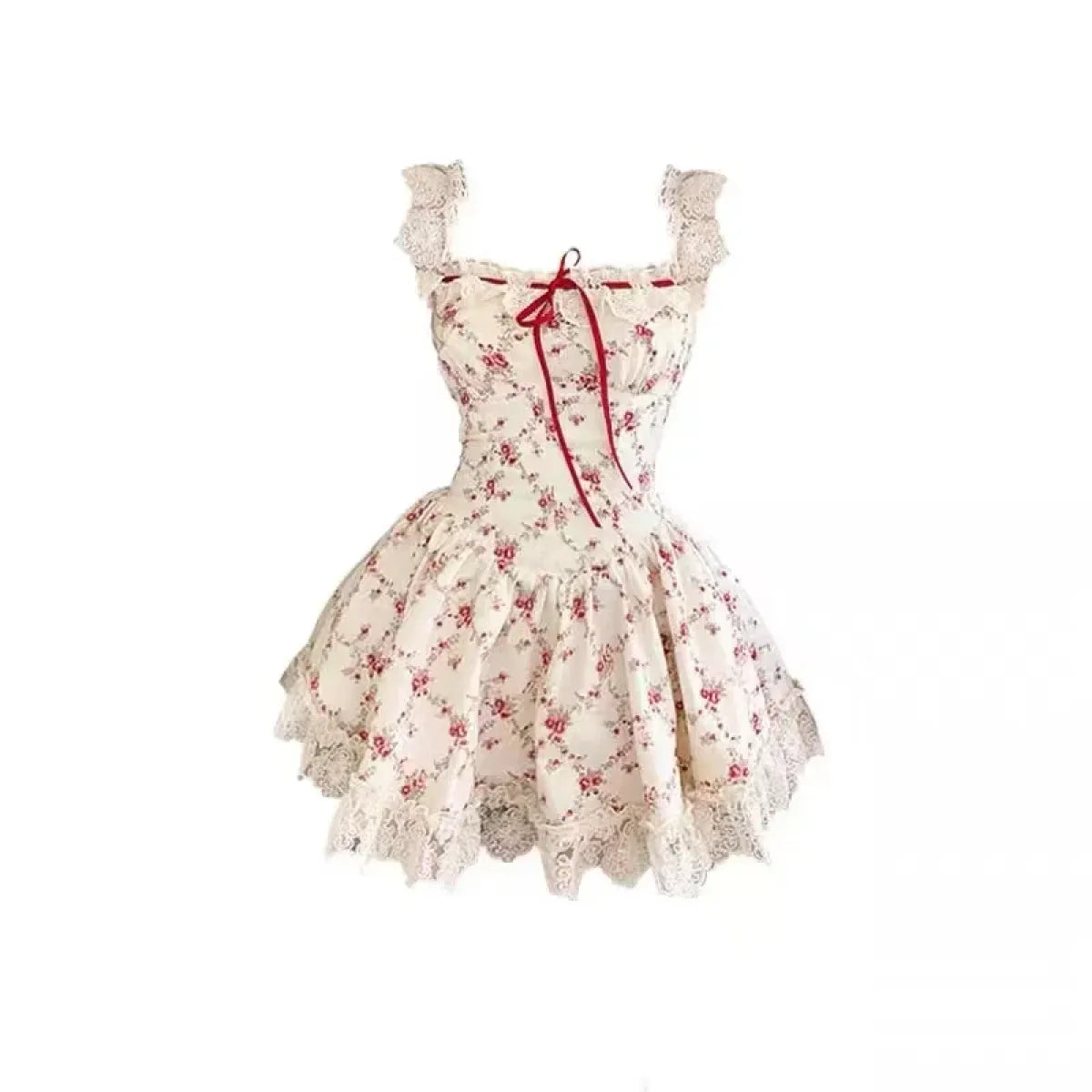 Sweet Lolita Floral Lace Mini Dress Set – Y2K Red Cardigan Suit - Dress - Clothing Sets