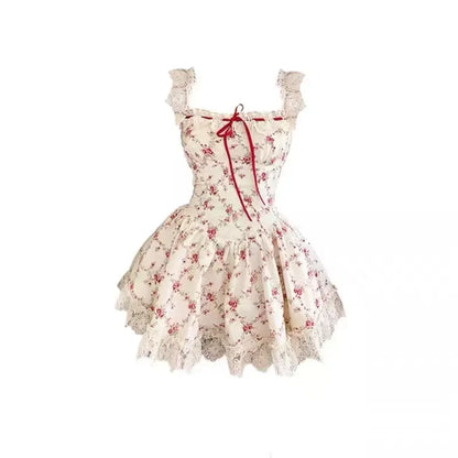Sweet Lolita Floral Lace Mini Dress Set – Y2K Red Cardigan Suit - Dress - Clothing Sets