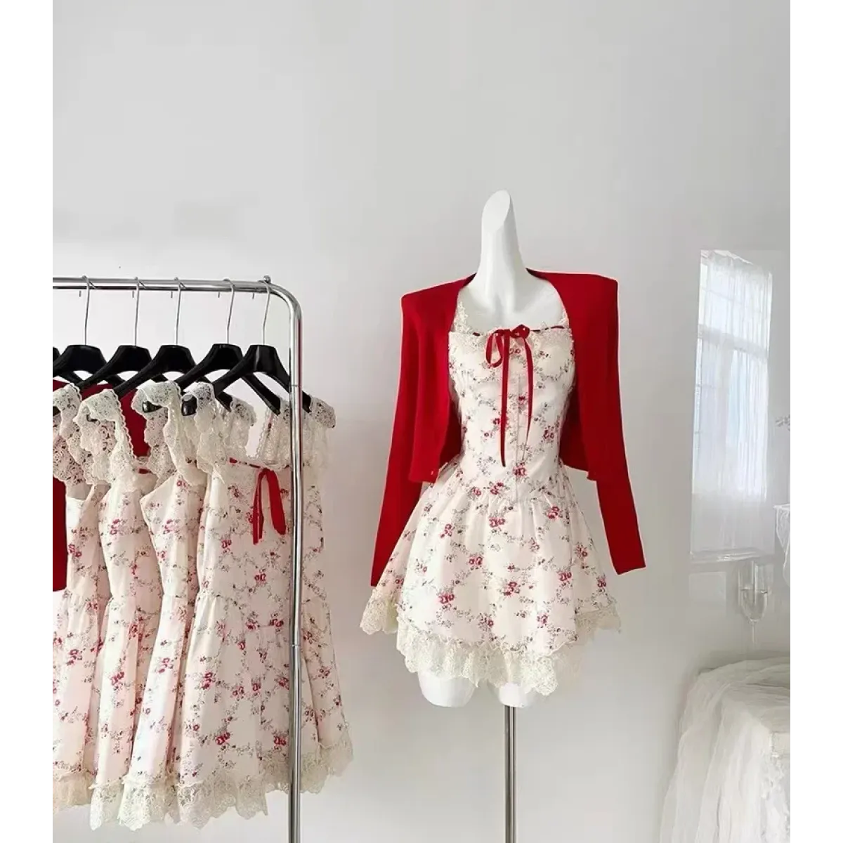Sweet Lolita Floral Lace Mini Dress Set – Y2K Red Cardigan Suit - - Clothing Sets