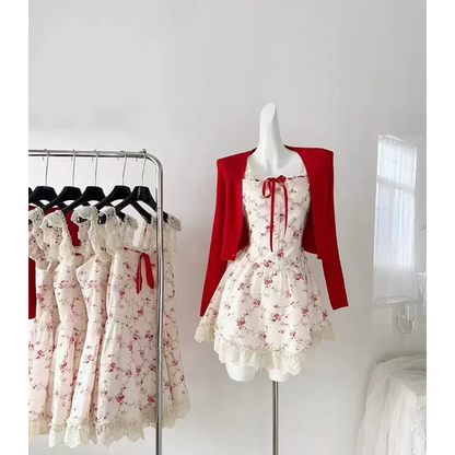 Sweet Lolita Floral Lace Mini Dress Set – Y2K Red Cardigan Suit - - Clothing Sets