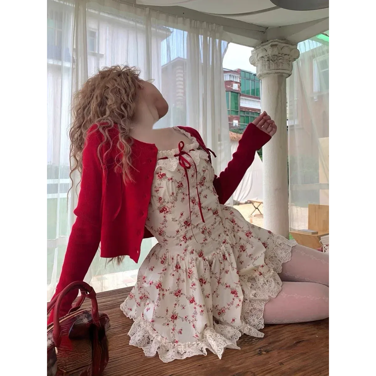 Sweet Lolita Floral Lace Mini Dress Set – Y2K Red Cardigan Suit - - Clothing Sets