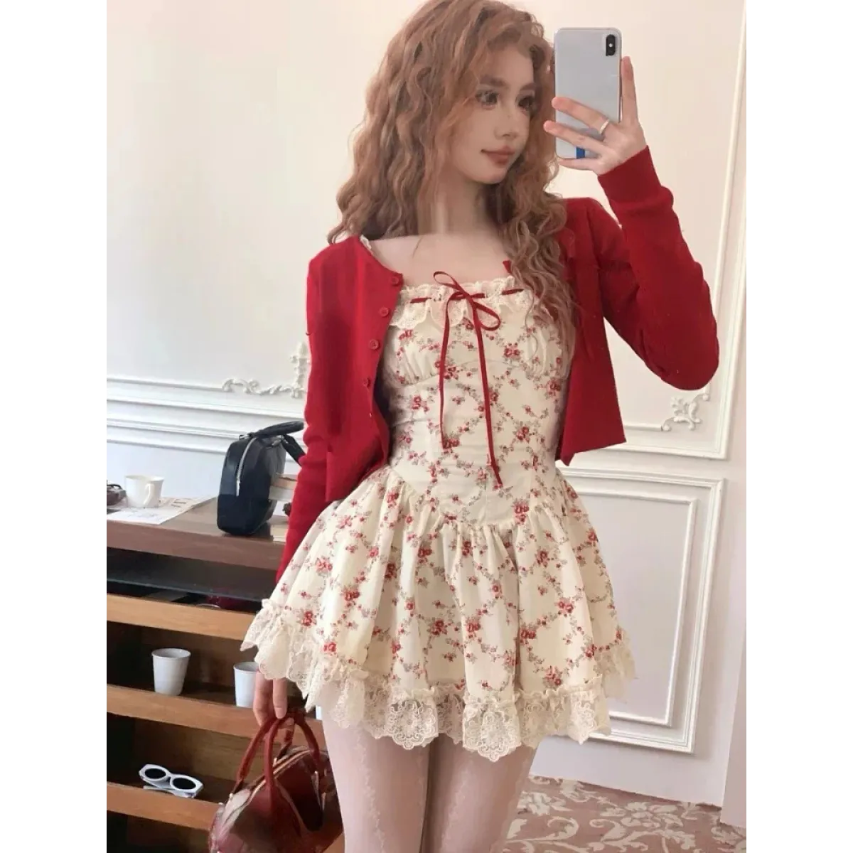 Sweet Lolita Floral Lace Mini Dress Set – Y2K Red Cardigan Suit - Set - Clothing Sets