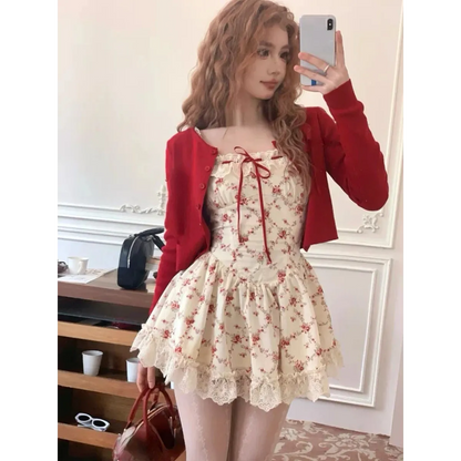 Sweet Lolita Floral Lace Mini Dress Set – Y2K Red Cardigan Suit - Set - Clothing Sets