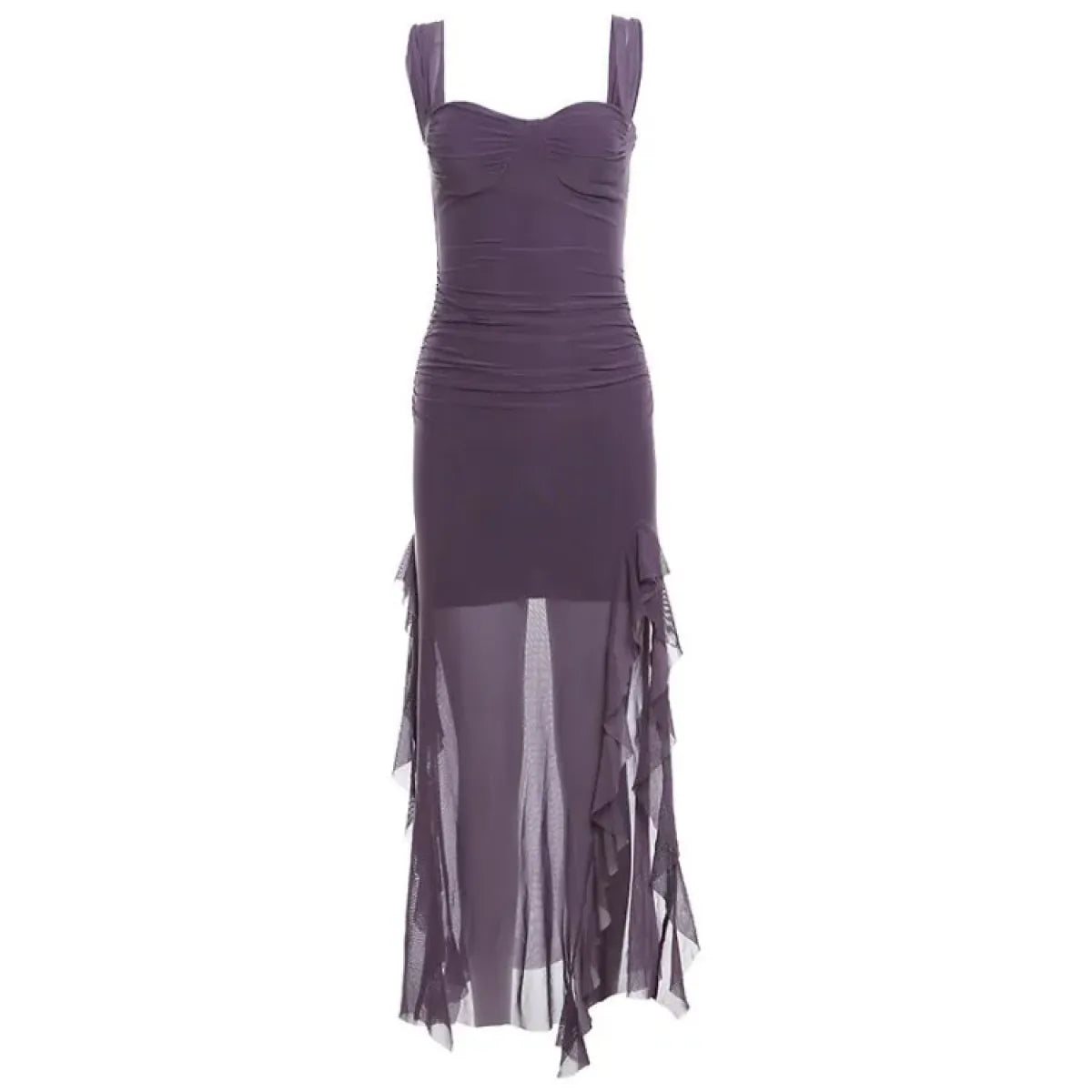 Sheer Mesh Ruffle Dress – Y2K Slim Fit High Slit Aesthetic - Purple short-sleeve - Dresses