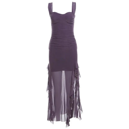 Sheer Mesh Ruffle Dress – Y2K Slim Fit High Slit Aesthetic - Purple short-sleeve - Dresses