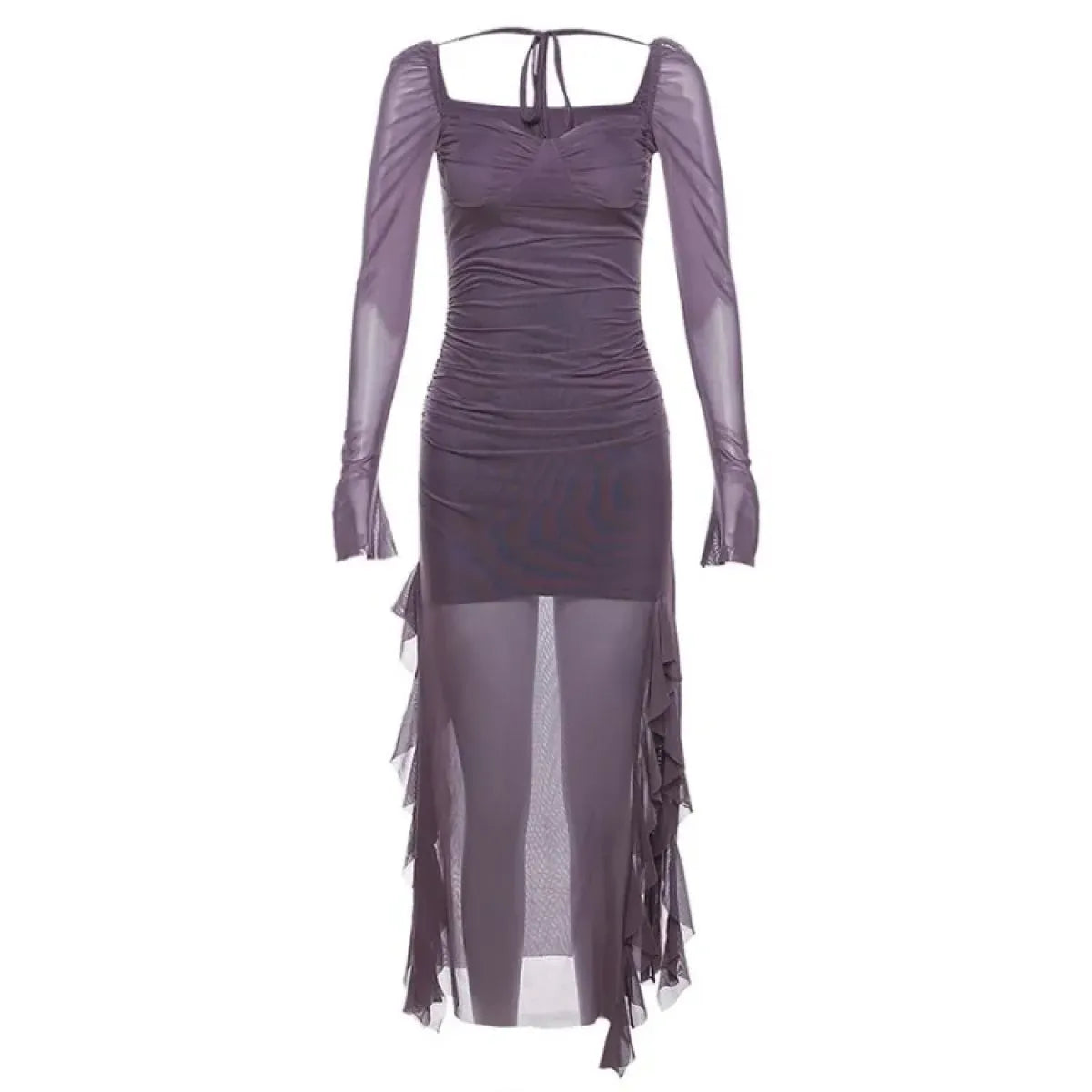 Sheer Mesh Ruffle Dress – Y2K Slim Fit High Slit Aesthetic - Purple long-sleeve - Dresses
