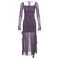 Sheer Mesh Ruffle Dress – Y2K Slim Fit High Slit Aesthetic - Purple long-sleeve - Dresses