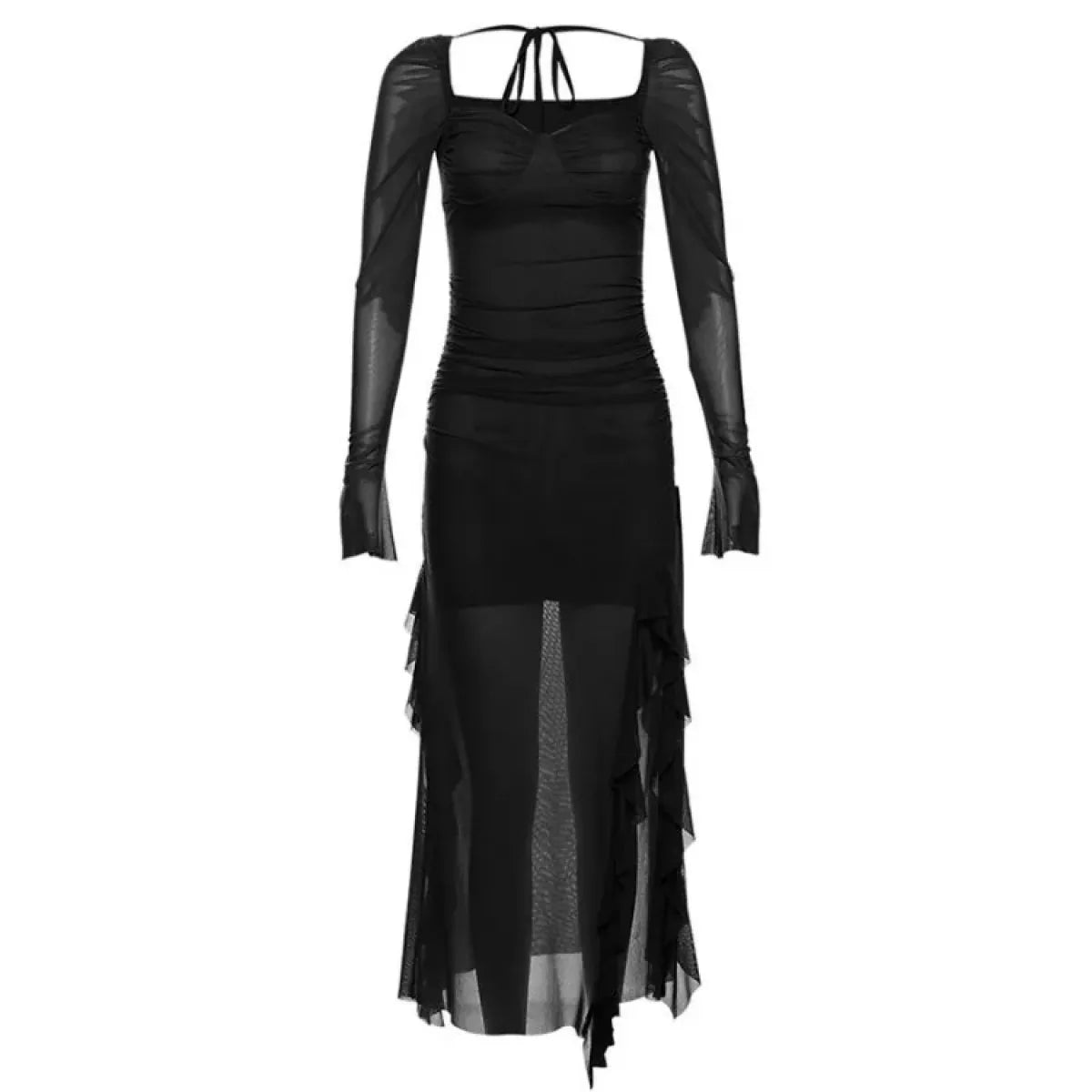 Sheer Mesh Ruffle Dress – Y2K Slim Fit High Slit Aesthetic - Black long-sleeve - Dresses