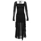 Sheer Mesh Ruffle Dress – Y2K Slim Fit High Slit Aesthetic - Black long-sleeve - Dresses