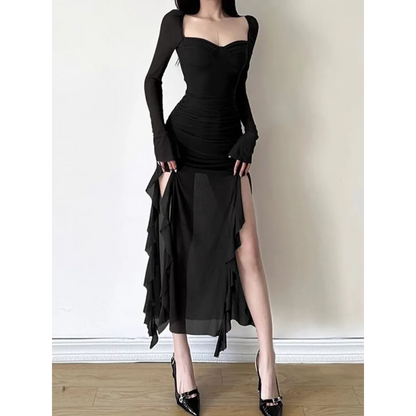 Sheer Mesh Ruffle Dress – Y2K Slim Fit High Slit Aesthetic - - Dresses