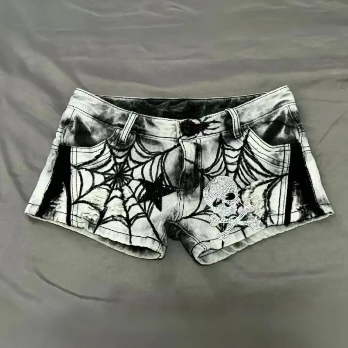 Y2K Punk Spider Web Denim Shorts – Low Waist Skull Star Print - White - Women's Shorts