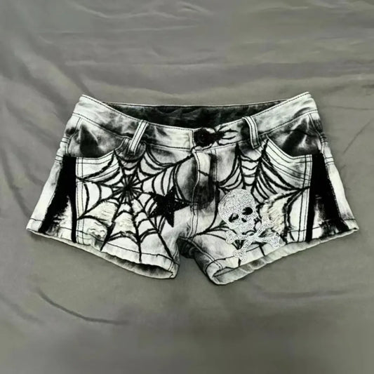 Y2K Punk Spider Web Denim Shorts – Low Waist Skull Star Print - White - Women's Shorts