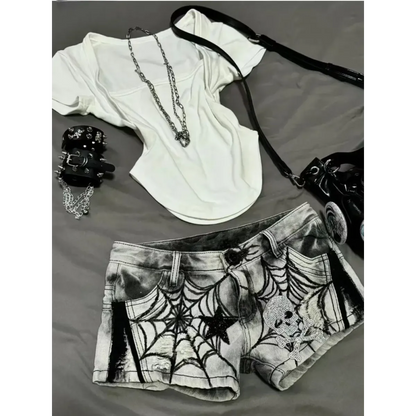 Y2K Punk Spider Web Denim Shorts – Low Waist Skull Star Print - - Women's Shorts