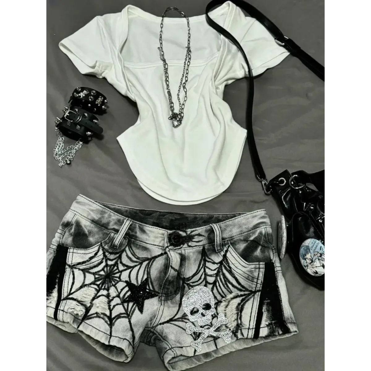 Y2K Punk Spider Web Denim Shorts – Low Waist Skull Star Print - - Women's Shorts