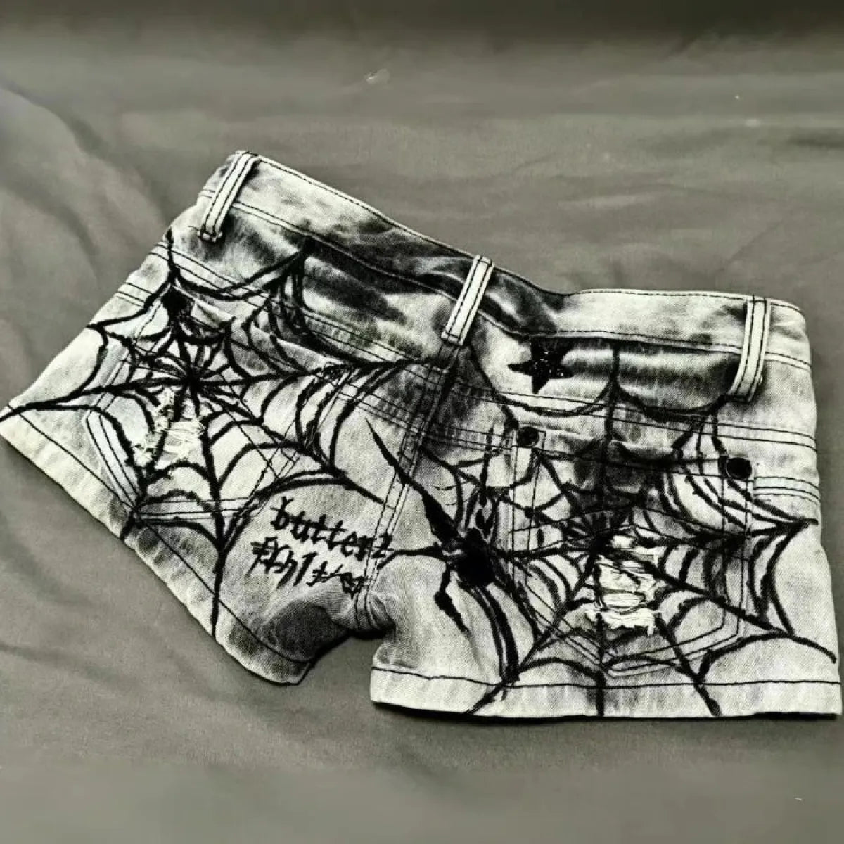 Y2K Punk Spider Web Denim Shorts – Low Waist Skull Star Print - - Women's Shorts