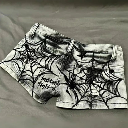 Y2K Punk Spider Web Denim Shorts – Low Waist Skull Star Print - - Women's Shorts
