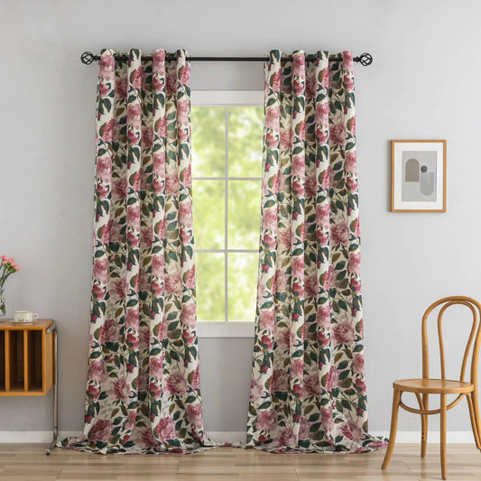 ALIGOGO Pink Floral Curtains 96 Inches Long Vintage Linen Curtains for Living Room Cottage Core Curtains Light Filtering Counrty Farmhouse Aesthetic Decor Grommet 2 Panels 50" W x 96" L Pink Kia Day Design
