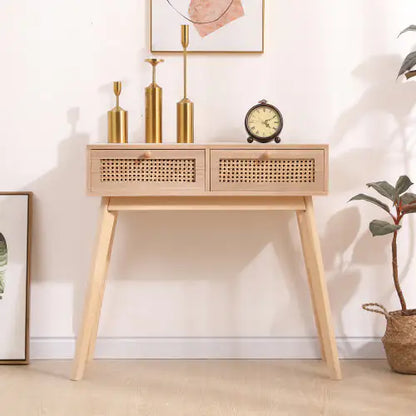 Wood Side Table with Two Rattan Drawers - Kia Day Design